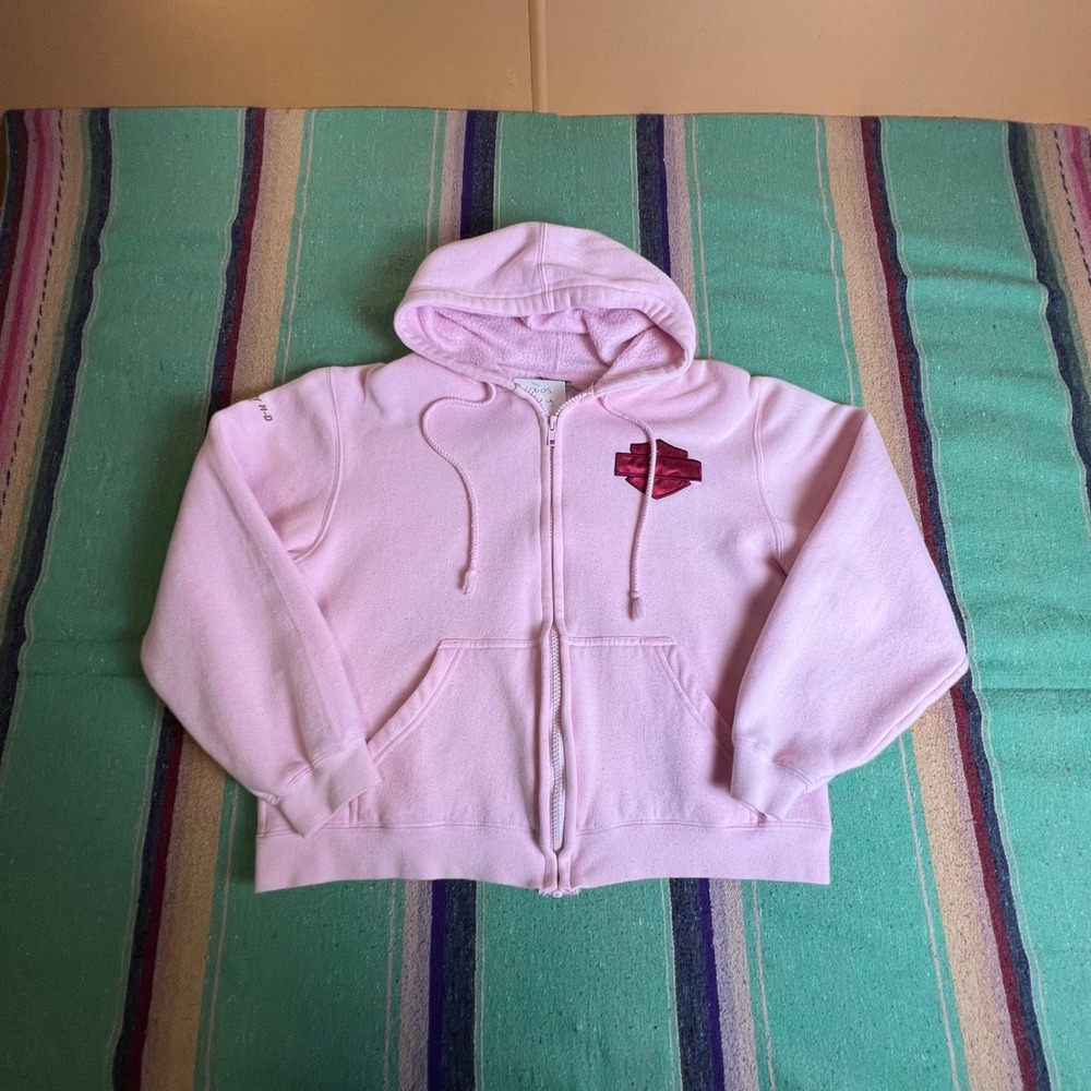 Harley-Davidson Hoodie Women L Pink Zip Up Bar & Shield Logo Biker Fleece Jacket
